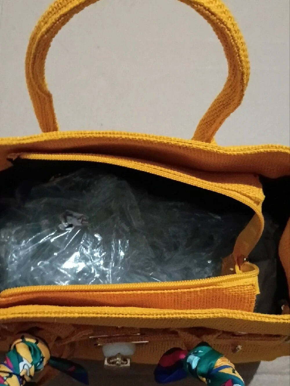 Bright Yellow Woven Satchel with Scarf-Wrapped Handle